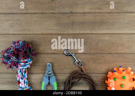 Guinzagli di PET su sfondo di legno. Concetto di accessori per animali domestici Foto Stock