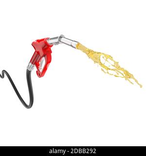 pompa benzina rossa da cui fuoriesce il carburante. isolata su bianca. nessuno intorno. rendering 3d. concetto di combustibili fossili. Foto Stock