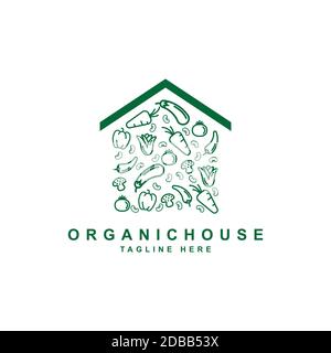 Organic casa illustrazione logo disegno vettoriale template.vegetali store icona Illustrazione Vettoriale