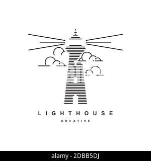 Modello vettoriale con logo Lighthouse.illustrazione del simbolo Beacon Illustrazione Vettoriale