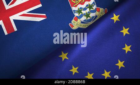 Isole Cayman e Unione europea due bandiere tessuto tessuto, tessuto Foto Stock