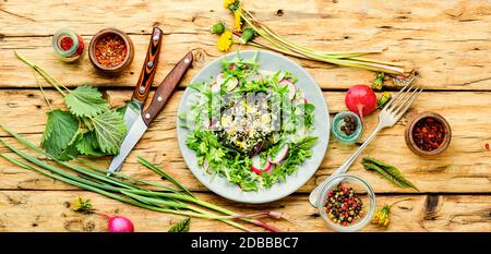 Insalata dietetica di alghe, erbe, semi di sesamo e ravanelli su tavola di legno Foto Stock