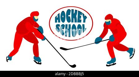 I giocatori di hockey giocano sul ghiaccio. Sport invernali. Caschi rossi. Illustrazione vettoriale. Foto Stock
