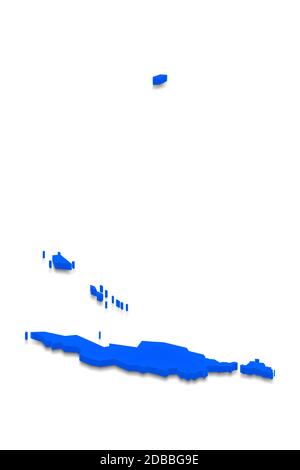 Illustrazione di una mappa blu di Anguilla su sfondo bianco isolato. Proiezione in prospettiva isometrica 3D sinistra. Foto Stock