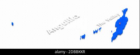 Illustrazione di una mappa blu di Anguilla su sfondo a griglia. Proiezione in prospettiva isometrica 3D destra con il nome del paese e la capitale V Foto Stock