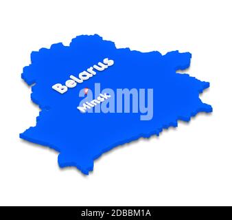 Illustrazione di una mappa blu della Bielorussia su sfondo bianco isolato. Proiezione in prospettiva isometrica 3D destra con il nome del paese e del capi Foto Stock