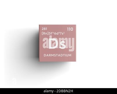 Darmstadzio. Metalli di transizione. Elemento chimico della tavola periodica di Mendeleev. Darmstadtium in concetto creativo cubo quadrato. Illustrazione 3D. Foto Stock