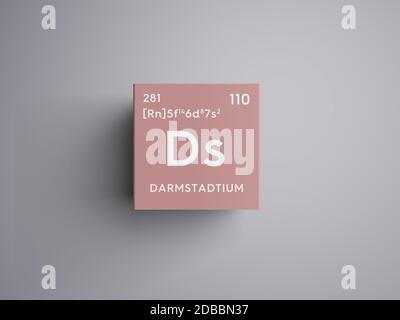 Darmstadzio. Metalli di transizione. Elemento chimico della tavola periodica di Mendeleev. Darmstadtium in concetto creativo cubo quadrato. Illustrazione 3D. Foto Stock