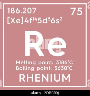 Renio. Metalli di transizione. Elemento chimico della tavola periodica di Mendeleev. Renio in concetto creativo cubo quadrato. Illustrazione 3D. Foto Stock