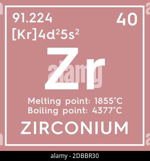 Zirconio. Metalli di transizione. Elemento chimico della tavola periodica di Mendeleev. Zirconio in concetto creativo cubo quadrato. Illustrazione 3D. Foto Stock