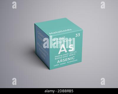 Arsenico. Arsenicum. Metalloidi. Elemento chimico della tavola periodica di Mendeleev. Arsenico in concetto creativo cubo quadrato. Illustrazione 3D. Foto Stock
