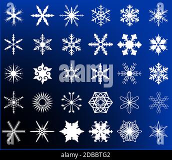 Una collezione di 30 diversi fiocchi di neve su uno sfondo blu rimovibile. Foto Stock