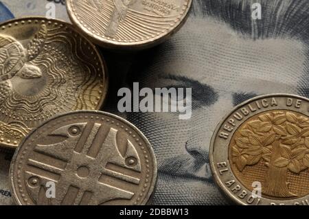 Macro on Colombian banknotes and coins Stock Photo