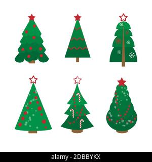 Collezione di alberi di Natale decorati per le vacanze. Illustrazione di stock vettoriale. Isolare su uno sfondo bianco. Può essere utilizzato per Web, poster Illustrazione Vettoriale