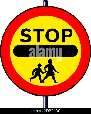 Un grande cartello portatile "Stop - Bambini" utilizzato al di fuori degli edifici scolastici da monitor di controllo del traffico o da persone "lolipop". Foto Stock