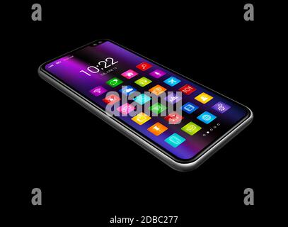 Smartphone con immagini realistiche digitali e icone colorate, isolato sul nero. Vista prospettica rendering 3D Foto Stock