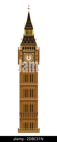 Il punto di riferimento londinese, il Big ben Clocktower isolato su un sfondo bianco Foto Stock