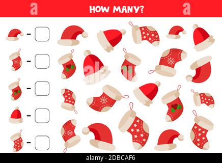 Gioco contante con calze e cappelli di Natale. Illustrazione Vettoriale