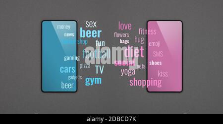 Close up due smartphone con schermi vuoti, blu e rosa e messaggi di comunicazione su carta grigio Sfondo, piana, laici direttamente sopra Foto Stock