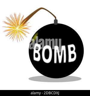 Una bomba in stile cartone animato tradizionale con fusibile illuminato, isolatida su bianco Foto Stock