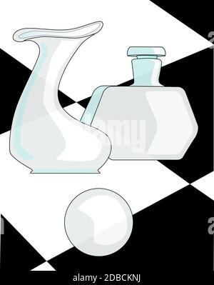 Un tipo di cubista di disegno di un vaso, il peso della carta e una bottiglia insieme contro un bianco e nero lo sfondo di controllo Foto Stock