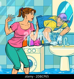 aiuto in linea di lavoro remoto. un idraulico maschio corregge una perdita. Pop art retrò vettoriale illustrazione kitsch vintage anni '50 anni '60 stile Foto Stock