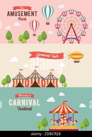 Collezione di banner a tema Carnevale. Illustrazione vettoriale. Design in stile piatto, parco divertimenti, circo e parco divertimenti a tema, caroselli, mongolfiera Illustrazione Vettoriale