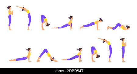 Surya namaskar UN sole salutation yoga asanas sequenza impostare vettore illustrazione. Illustrazione Vettoriale