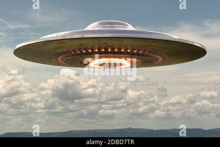 Oggetto Volante non Identificato UFO con percorso di clipping incluso. 3D'illustrazione. Foto Stock