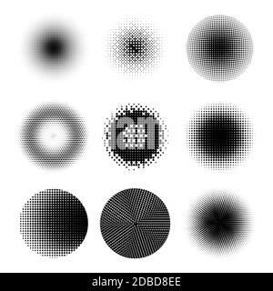 Serie di cerchi di mezzitoni diversi. Set di punti. Trama punteggiata su sfondo bianco. Modello di sovrapposizione Grunge. Progettazione lineare di emergenza. Dissolvenza monocromatica P Foto Stock