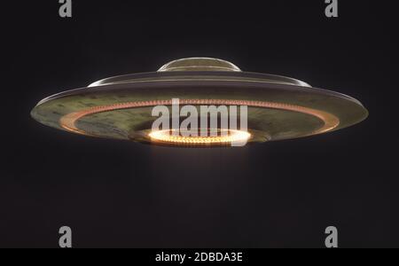 UFO oggetto volante non identificato con tracciato di ritaglio incluso. Illustrazione UFO 3D. Foto Stock