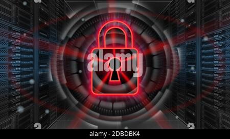 Ologramma di sicurezza digitale con lucchetto nella sala server - sicurezza informatica o protezione della rete Foto Stock