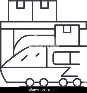 Icona logistica ferroviaria, illustrazione isolata lineare, vettore di linea sottile, segno di disegno di fotoricettore, simbolo di concetto di contorno con tratto modificabile su bianco Illustrazione Vettoriale