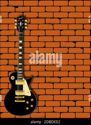 Una Gibson Les Paul chitarra tipo nella parte anteriore di un rosso muro di mattoni Foto Stock