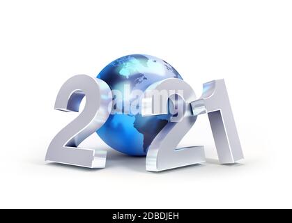 2021 numero della data di Capodanno composto da un pianeta blu terra, focalizzato sull'America, isolato su bianco - illustrazione 3D Foto Stock