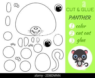 Semplice gioco educativo colorazione pagina taglio e colla seduta baby pantera per i bambini. Gioco educativo di carta per bambini prescolare. Colore, parti tagliate e. Illustrazione Vettoriale