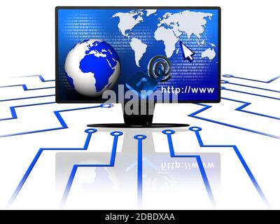 TV con il globo della terra mostrato davanti alla mappa del mondo e sfondo del codice binario - informazioni stilizzate che collegano le linee su sfondo bianco Foto Stock