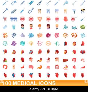 100 medici set di icone. Cartoon illustrazione di 100 medical icone set di vettore isolato su sfondo bianco Illustrazione Vettoriale