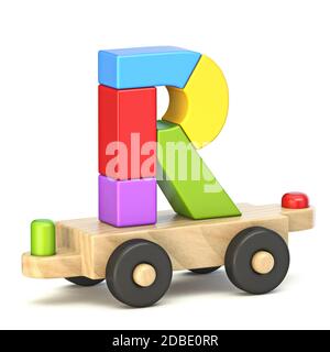 Carattere treno in legno Letter R 3D rendering illustrazione isolata su sfondo bianco Foto Stock