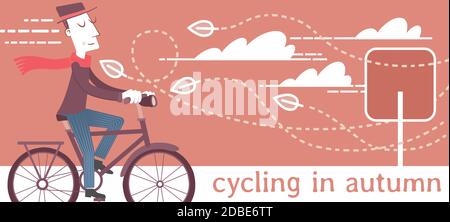 Illustrazione di un uomo che fa un giro in bicicletta in una ventosa giornata autunnale. Illustrazione Vettoriale