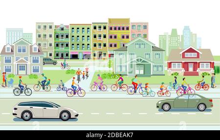 Ciclisti sulla pista ciclabile e traffico stradale con pedoni e auto in strada urbana Foto Stock