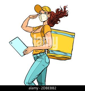 corriere ragazza in una maschera medica. consegna di cibo durante l'epidemia. Pop art retrò vettoriale illustrazione kitsch vintage anni '50 anni '60 stile Foto Stock