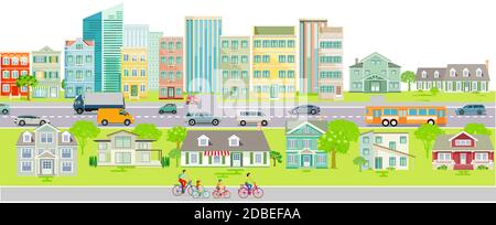 La silhouette cittadina con il traffico stradale e i ciclisti sulla pista ciclabile delle auto sulla strada urbana Foto Stock