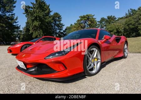 Un rosso Ferrari F8 Tributo al sole d'autunno a Nara, in Giappone Foto Stock