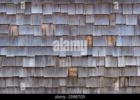 Rivestimento parete fatta di vecchio, parzialmente mancante scandole di legno Foto Stock