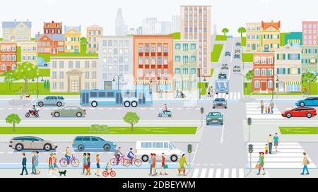 La silhouette cittadina con il traffico stradale e i ciclisti sulla pista ciclabile delle auto sulla strada urbana Foto Stock
