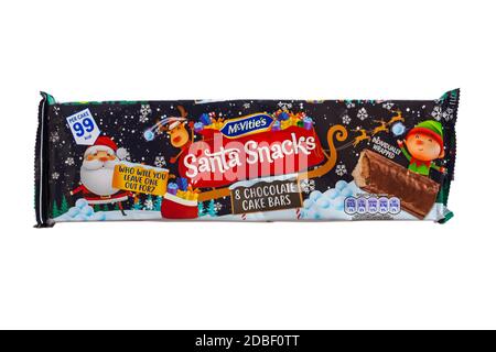 Confezione di barrette di cioccolato McVities Santa Snacks confezionate singolarmente Isolato su sfondo bianco - ideale per Natale Foto Stock