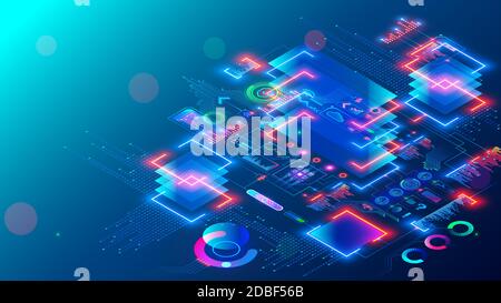 Il chip della CPU del computer o il processore sulla scheda madre elabora i dati. Tecnologia microchip elettronica. Banner astratto di concetto tecnologico isometrico. Catena di blocco Illustrazione Vettoriale