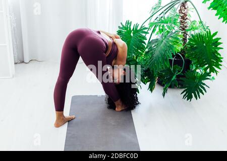 Donna orientale impegnata nella classe di yoga asana ginnastica fitness flessibilità Foto Stock