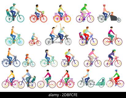 Gruppo grande di ciclisti, insieme isolato, illustrazione vettoriale Foto Stock